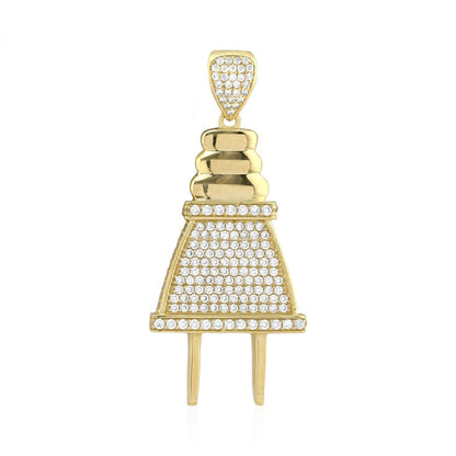 10k Yellow Gold Created Diamond Pave Set Outlet Plug Pendant 1.97"