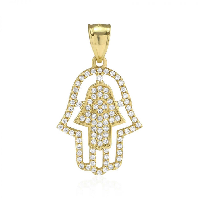 2Ct CZ Hamsa Hand Of Fatima 10k Yellow Gold Pendant 1.18"
