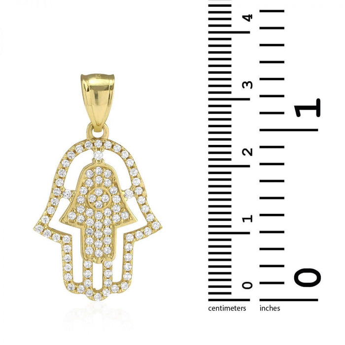 2Ct CZ Hamsa Hand Of Fatima 10k Yellow Gold Pendant 1.18"
