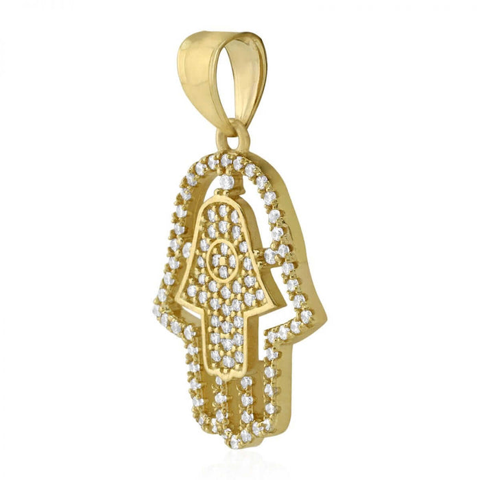 2Ct CZ Hamsa Hand Of Fatima 10k Yellow Gold Pendant 1.18"