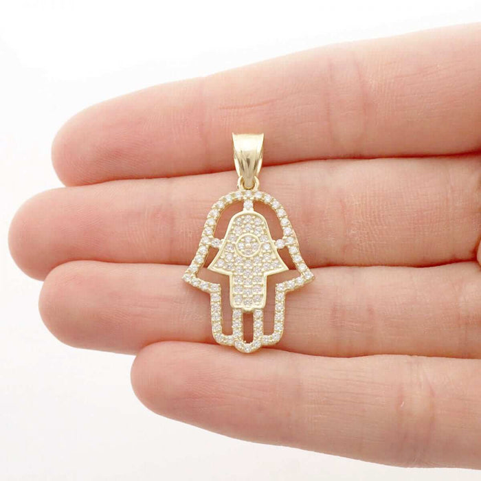 2Ct CZ Hamsa Hand Of Fatima 10k Yellow Gold Pendant 1.18"