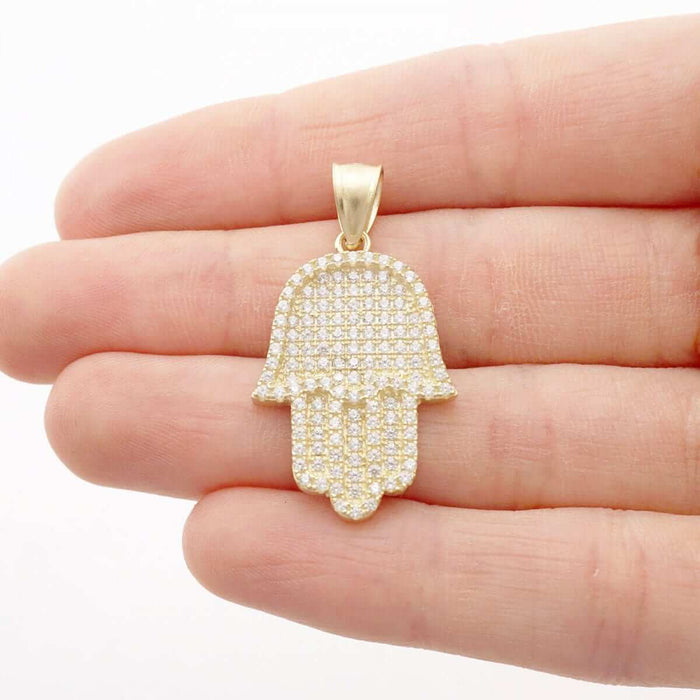 2.50Ct CZ Hamsa Hand Of Fatima 10k Yellow Gold Pendant 1.2"