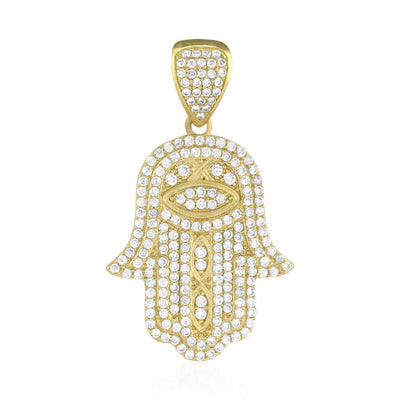 3Ct CZ Hamsa Hand Of Fatima 10k Yellow Gold Pendant 1.57"
