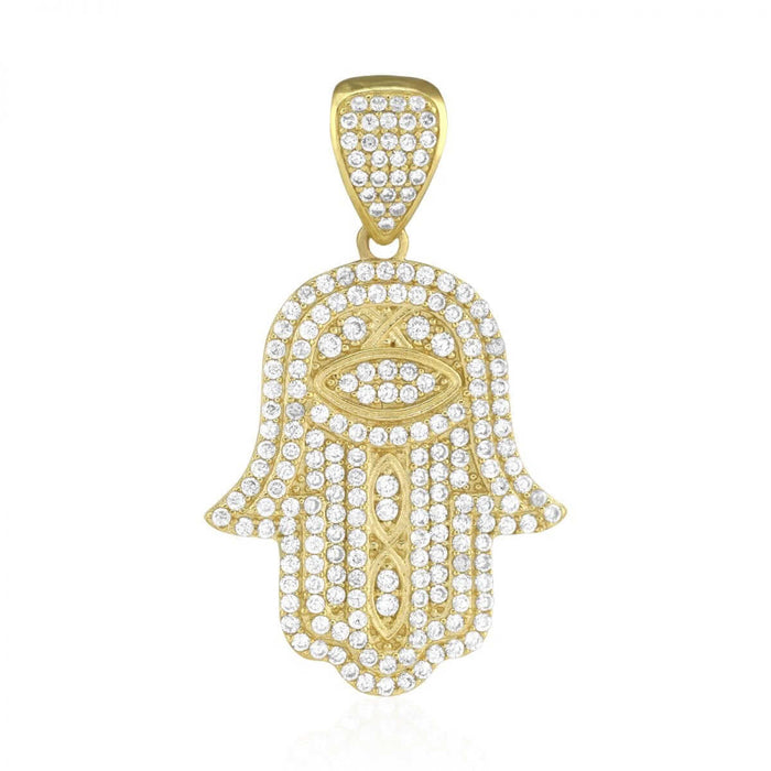 3Ct CZ Hamsa Hand Of Fatima 10k Yellow Gold Pendant 1.57"