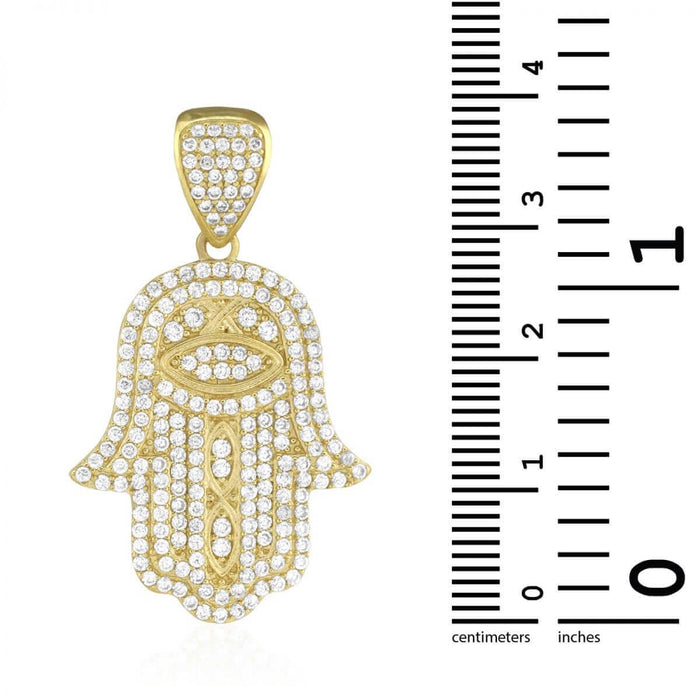 3Ct CZ Hamsa Hand Of Fatima 10k Yellow Gold Pendant 1.57"