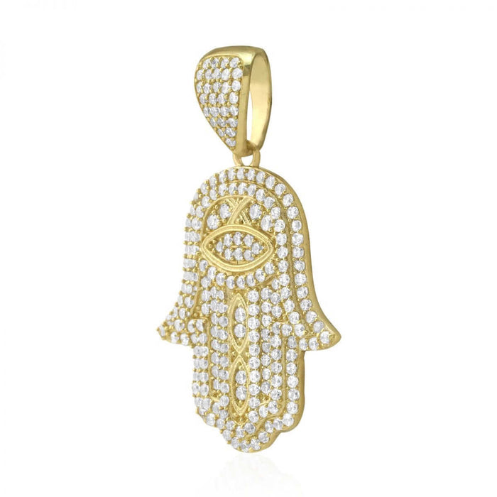 3Ct CZ Hamsa Hand Of Fatima 10k Yellow Gold Pendant 1.57"
