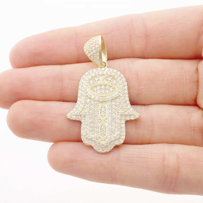 3Ct CZ Hamsa Hand Of Fatima 10k Yellow Gold Pendant 1.57"