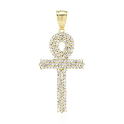 10k Yellow Gold CZ Egyptian Ankh Religious Pendant 1.57"