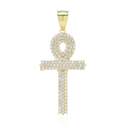 10k Yellow Gold Created Diamond Egyptian Ankh Religious Pendant 1.57"
