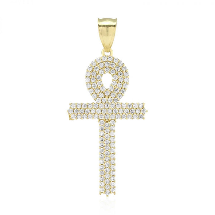 10k Yellow Gold CZ Egyptian Ankh Religious Pendant 1.57"