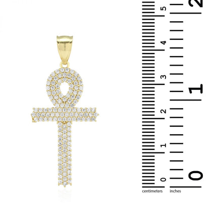 10k Yellow Gold Created Diamond Egyptian Ankh Religious Pendant 1.57"