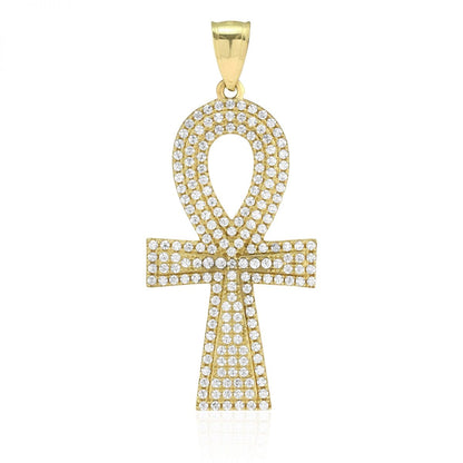 10k Yellow Gold CZ Egyptian Ankh Religious Pendant 1.7"