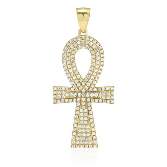 10k Yellow Gold CZ Egyptian Ankh Religious Pendant 1.7"