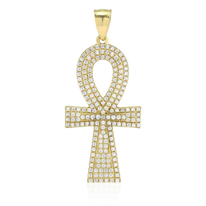 10k Yellow Gold CZ Egyptian Ankh Religious Pendant 1.7"
