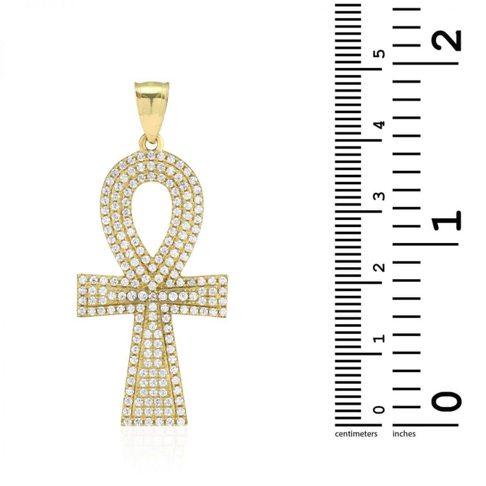 10k Yellow Gold CZ Egyptian Ankh Religious Pendant 1.7"