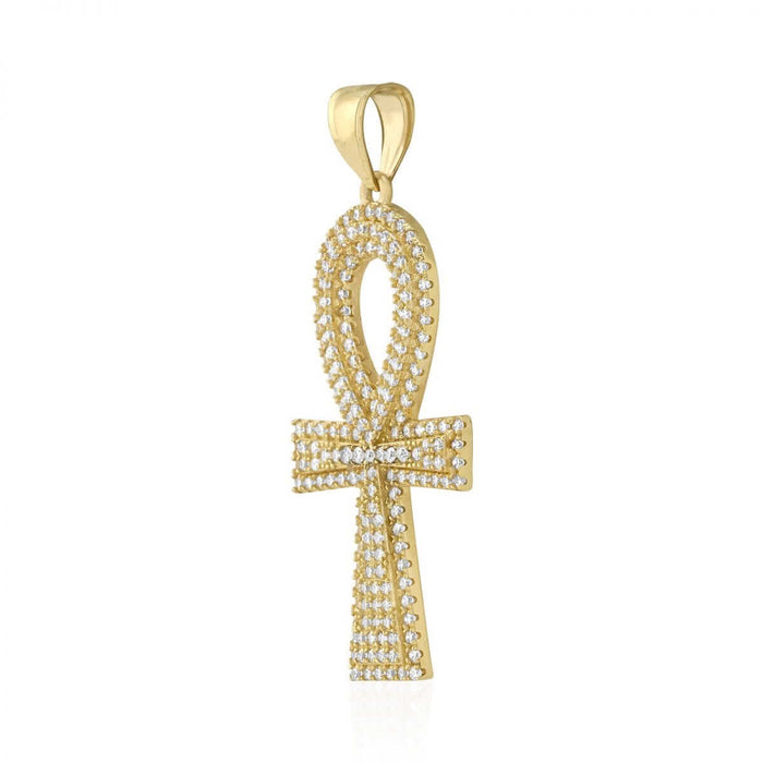 10k Yellow Gold CZ Egyptian Ankh Religious Pendant 1.7"