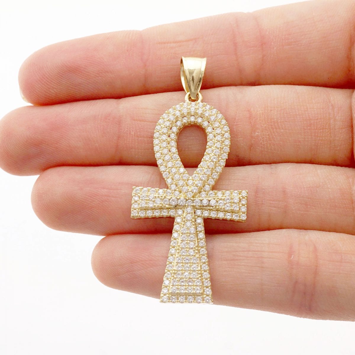 10k Yellow Gold CZ Egyptian Ankh Religious Pendant 1.7"