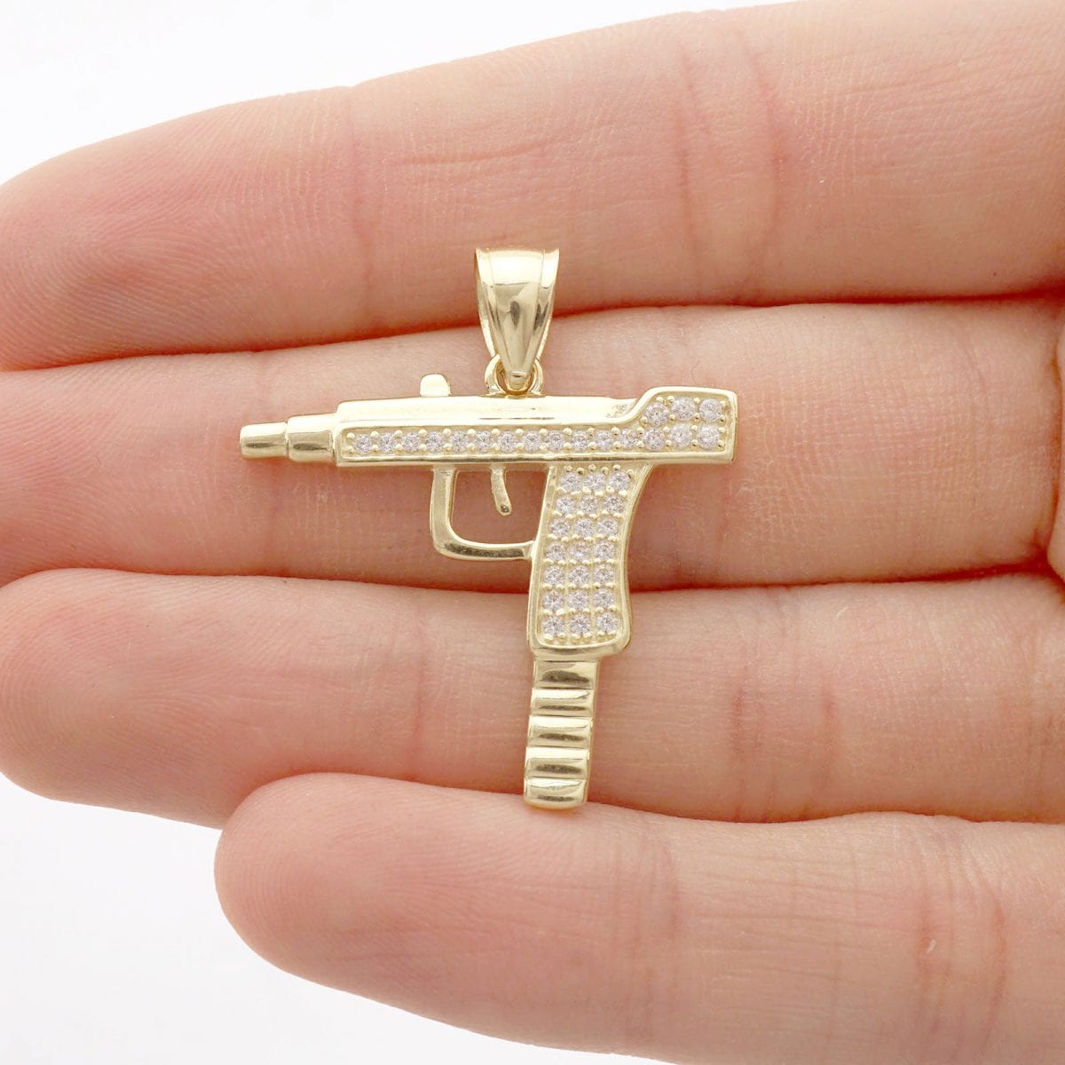10k Yellow Gold Created Diamond Pave Set Uzi Machine Gun Pendant 1.2"