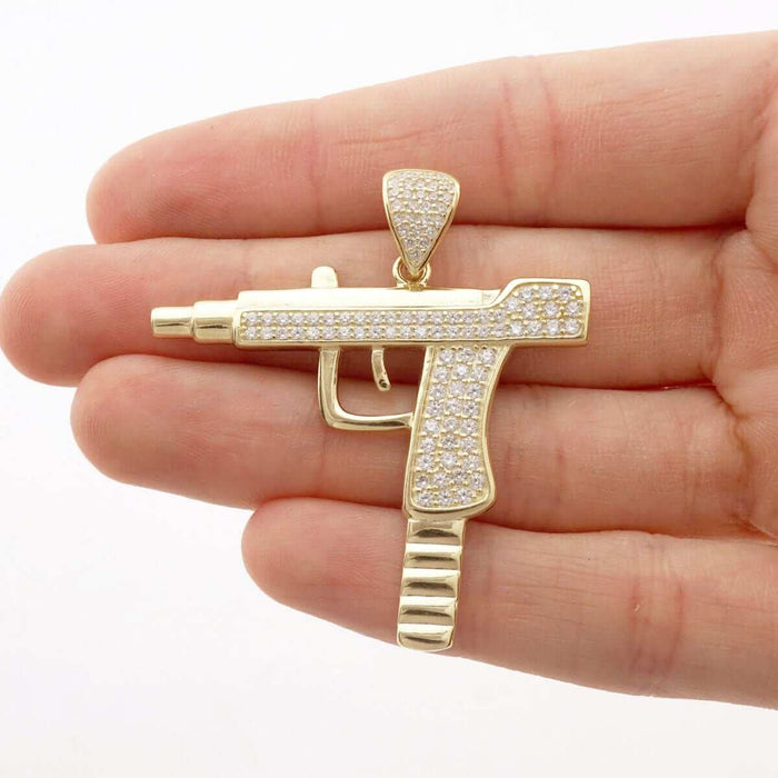 10k Yellow Gold CZ Pave Uzi Machine Pistol Gun Pendant 1.77"