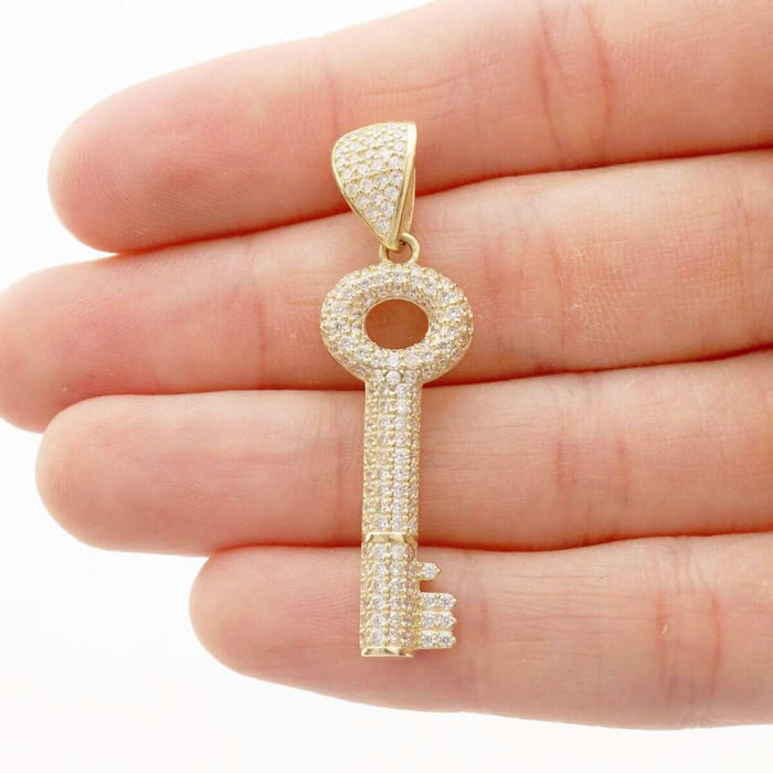2.50Ct CZ Pave Set Key Shaped 10k Yellow Gold Pendant 1.57"