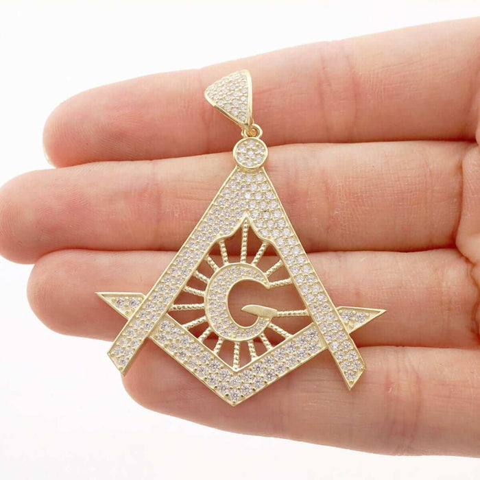 3.50 CZ 10k Solid Yellow Gold Masonic Symbol Pendant 2"
