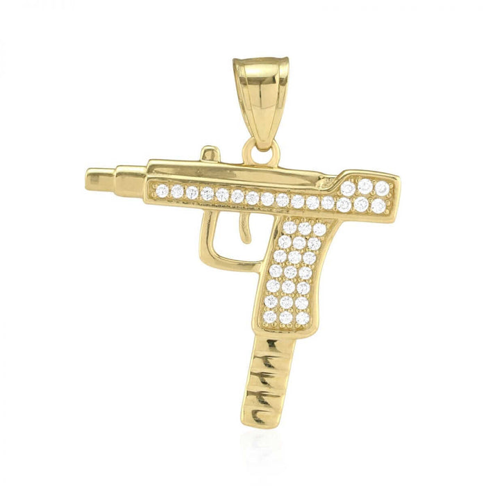 10k Yellow Gold CZ Pave Set Uzi Machine Gun Pendant 1.2"