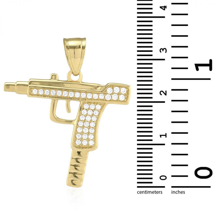 10k Yellow Gold CZ Pave Set Uzi Machine Gun Pendant 1.2"