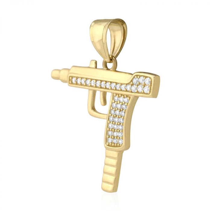 10k Yellow Gold CZ Pave Set Uzi Machine Gun Pendant 1.2"