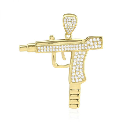 10k Yellow Gold CZ Pave Uzi Machine Pistol Gun Pendant 1.77"