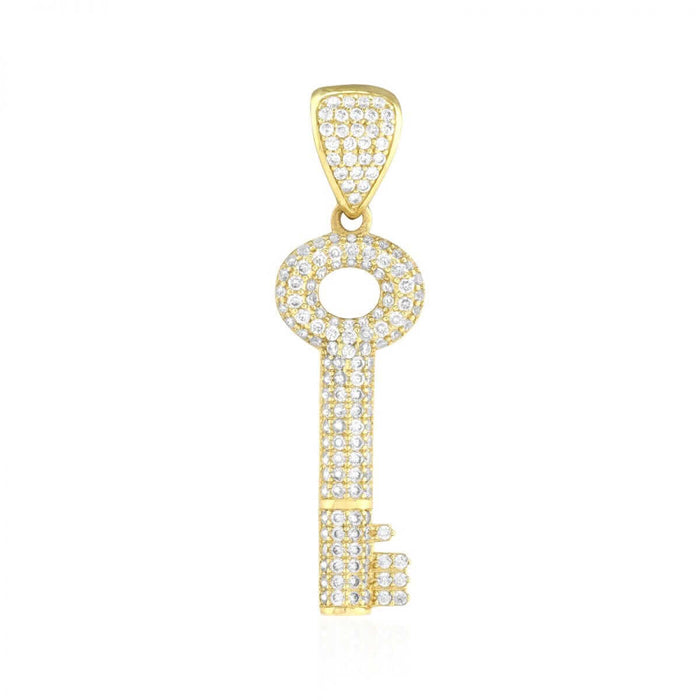 2.50Ct CZ Pave Set Key Shaped 10k Yellow Gold Pendant 1.57"