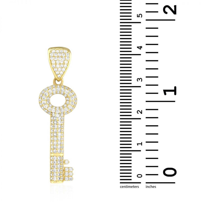 2.50Ct CZ Pave Set Key Shaped 10k Yellow Gold Pendant 1.57"