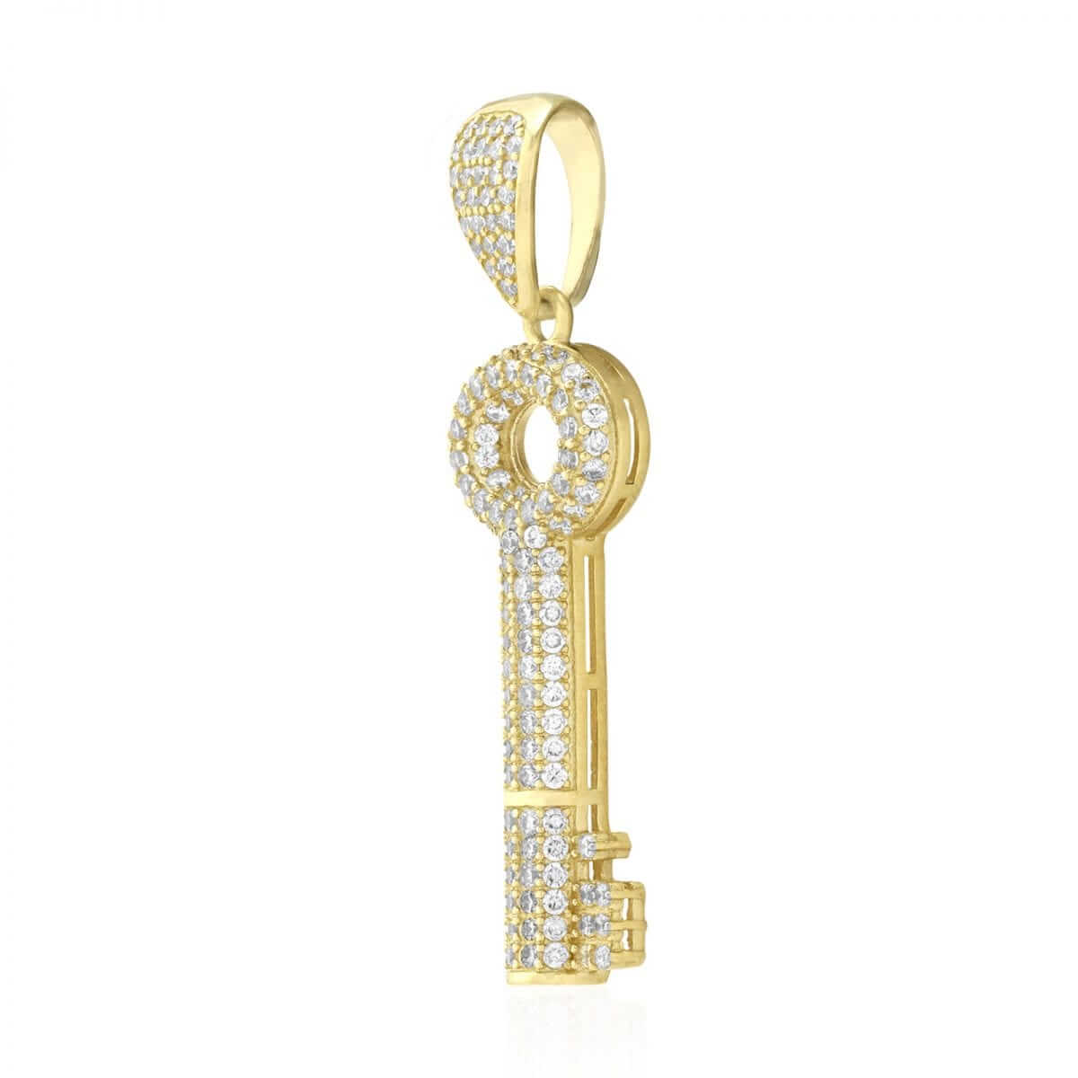 2.50Ct CZ Pave Set Key Shaped 10k Yellow Gold Pendant 1.57"