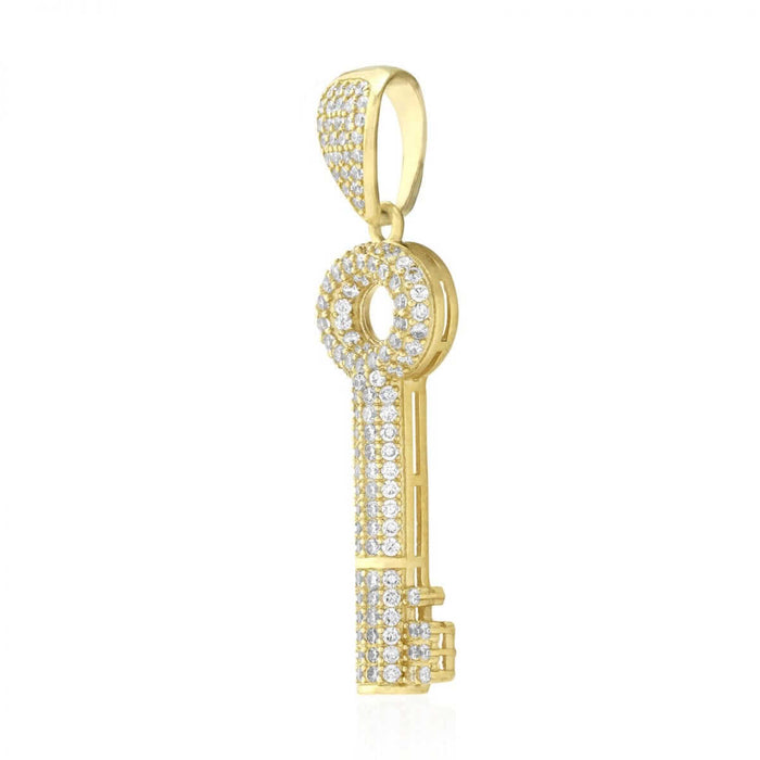 2.50Ct CZ Pave Set Key Shaped 10k Yellow Gold Pendant 1.57"