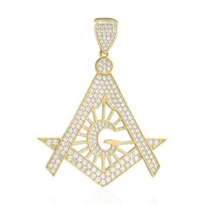 3.50 CZ 10k Solid Yellow Gold Masonic Symbol Pendant 2"