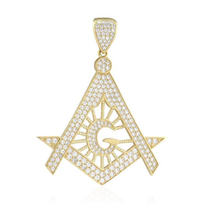 3.50 CZ 10k Solid Yellow Gold Masonic Symbol Pendant 2"