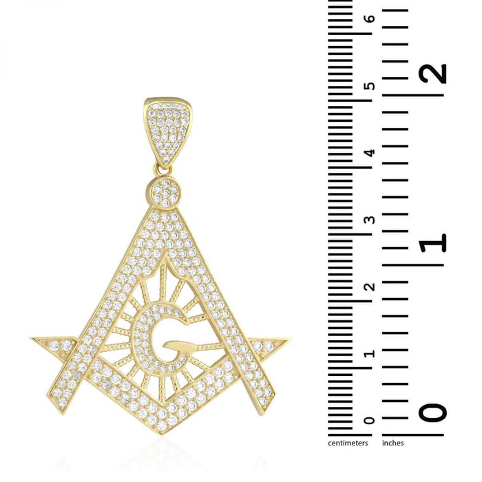 3.50 CZ 10k Solid Yellow Gold Masonic Symbol Pendant 2"