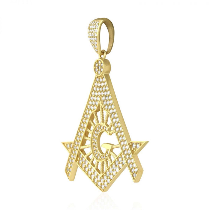 3.50 CZ 10k Solid Yellow Gold Masonic Symbol Pendant 2"