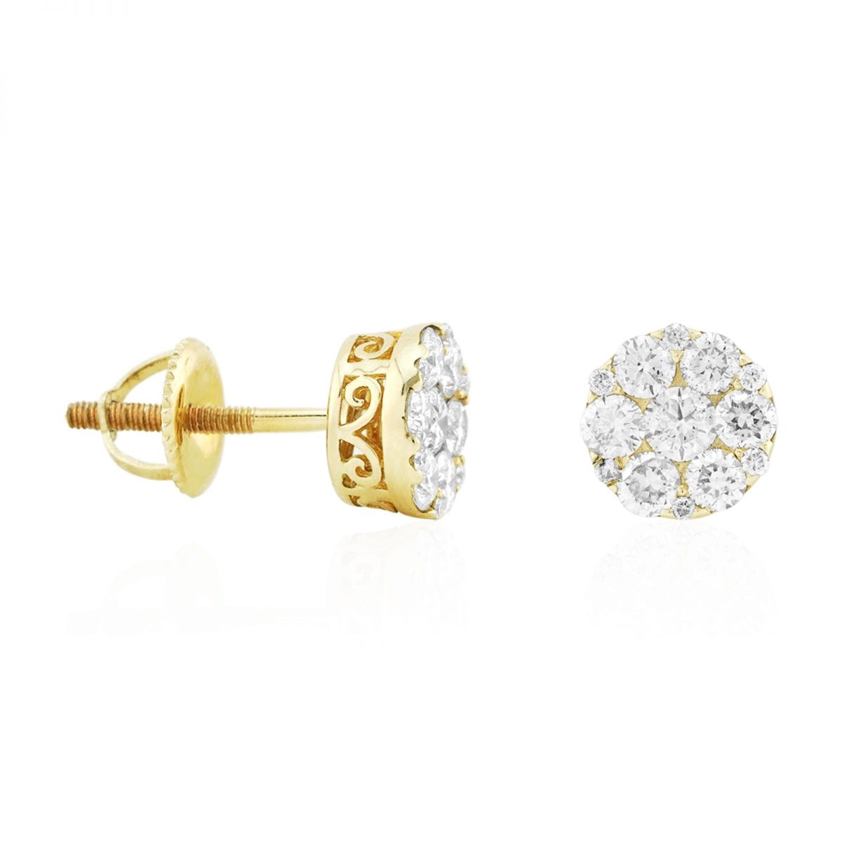 1.15Ct Real Diamond 14k Yellow Gold Filigree Round Screwback Stud Earrings