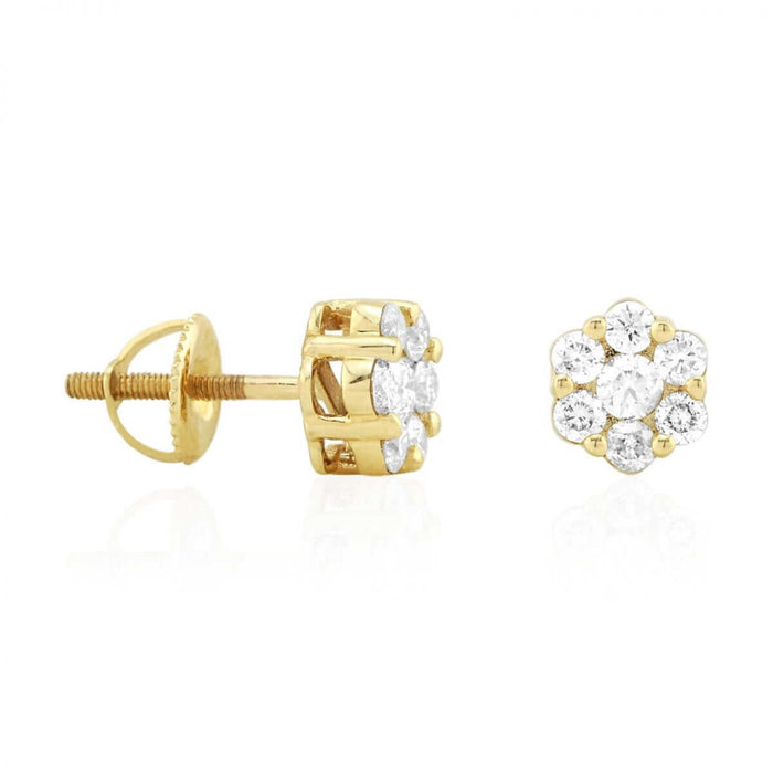 1.05Ct Natural Diamond 14k Yellow Gold Cluster Screw Back Stud Earrings 8mm