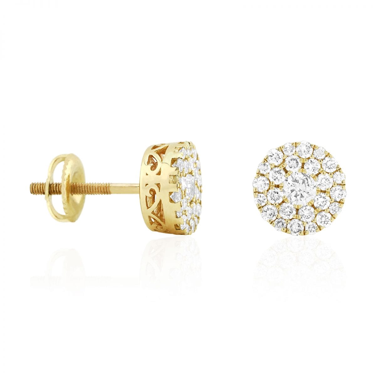 1.10Ct Real Diamond 14k Yellow Gold Filigree Round Screwback Stud Earrings