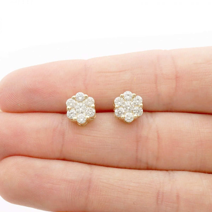 1.05Ct Natural Diamond 14k Yellow Gold Cluster Screw Back Stud Earrings 8mm