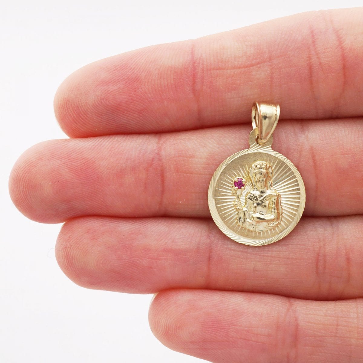 10k Yellow Gold Diamond Cut Ruby Santa Barbara Round Medallion Pendant