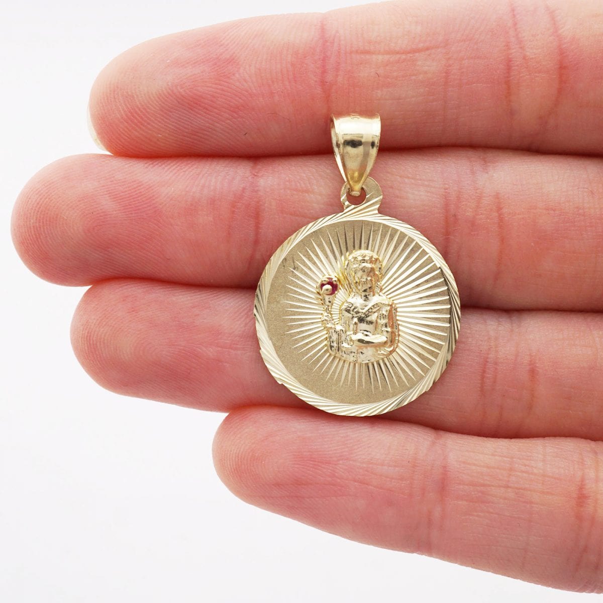 10k Yellow Gold Diamond Cut Ruby Santa Barbara Round Medallion Pendant