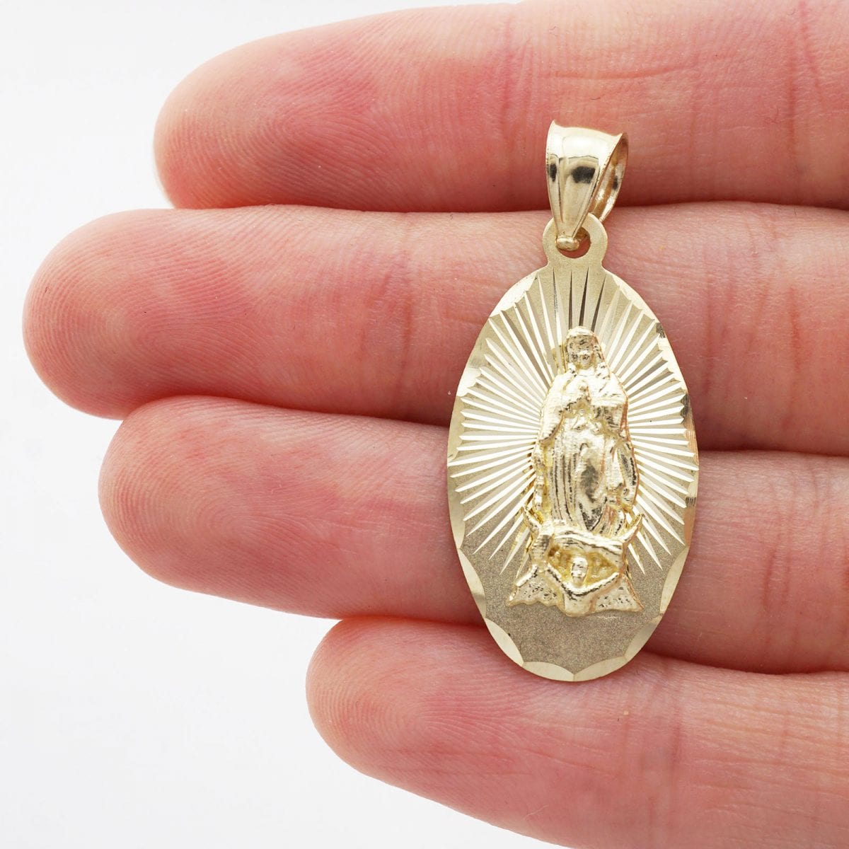 10k Yellow Gold Oval Diamond Cut Virgin Guadalupe Medallion Pendant