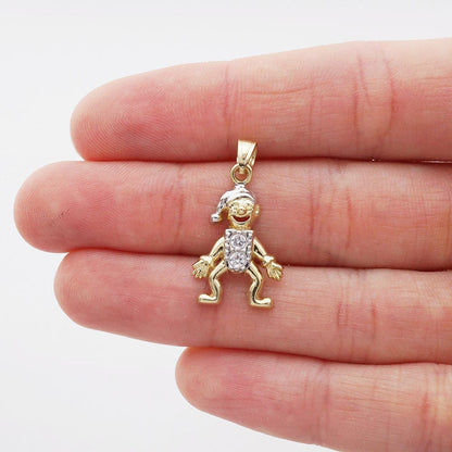 10k Yellow & White Gold Created Diamond Jester Clown Pendant 1"