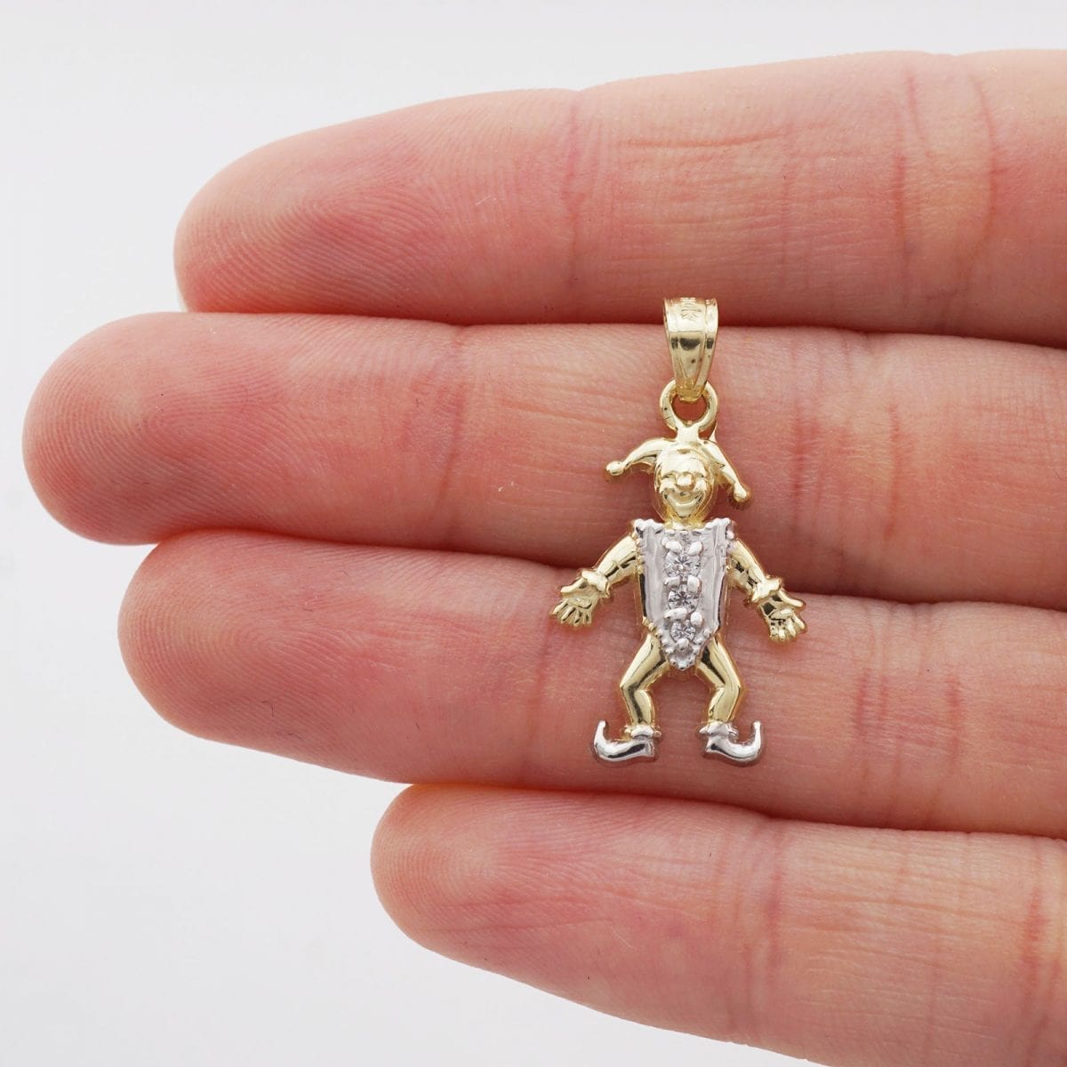 10k Yellow and White Gold Two-Tone Created Diamond Jester Clown Pendant 1"