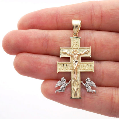 10k Yellow Gold Caravaca Diamond-Cut Jesus Crucifix Cross Pendant 1.6", 2"