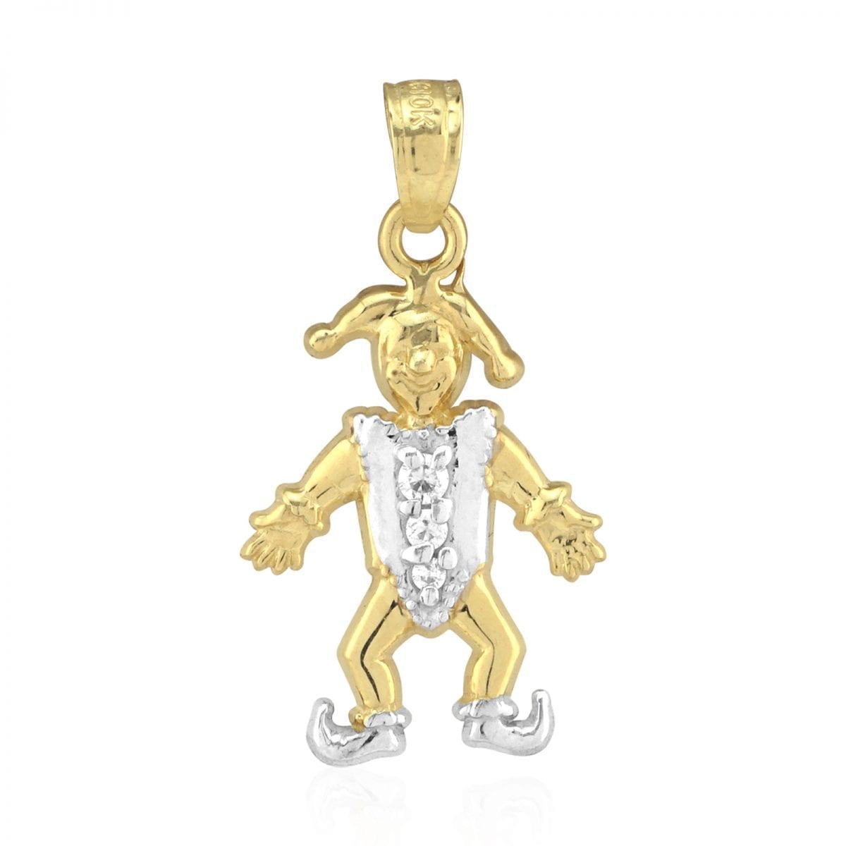 10k Yellow and White Gold Two-Tone Created Diamond Jester Clown Pendant 1"