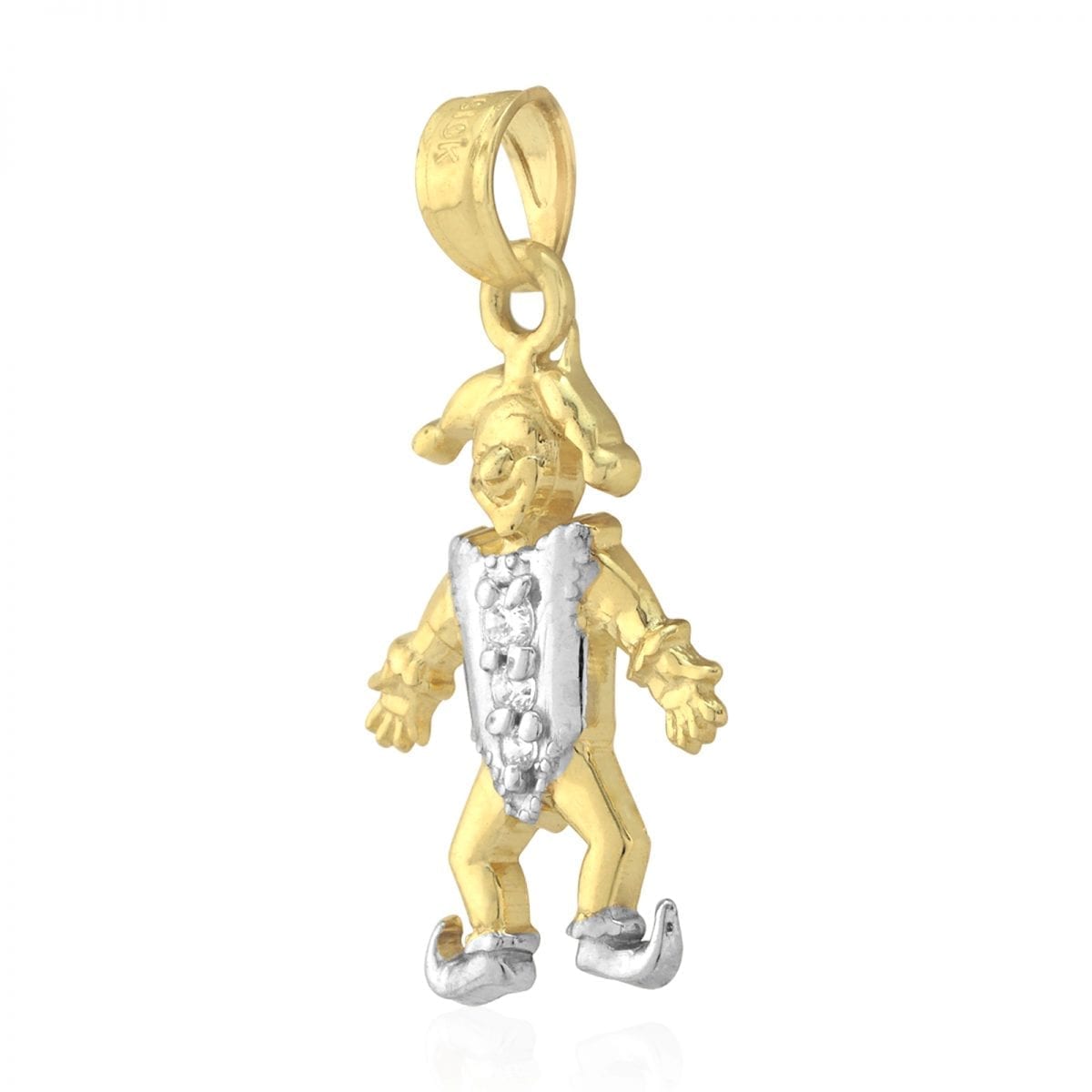 10k Yellow and White Gold Two-Tone Created Diamond Jester Clown Pendant 1"