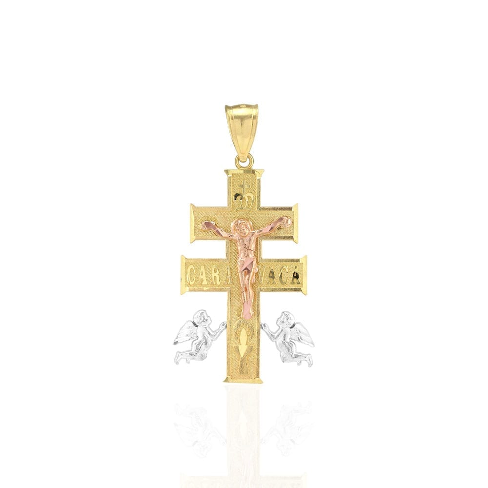 10k Yellow Gold Caravaca Diamond-Cut Jesus Crucifix Cross Pendant 1.6", 2"